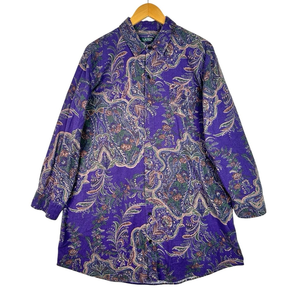 Vintage 90s Lauren Ralph Lauren XL Purple Paisley Flannel Shirt Tunic Top Preppy